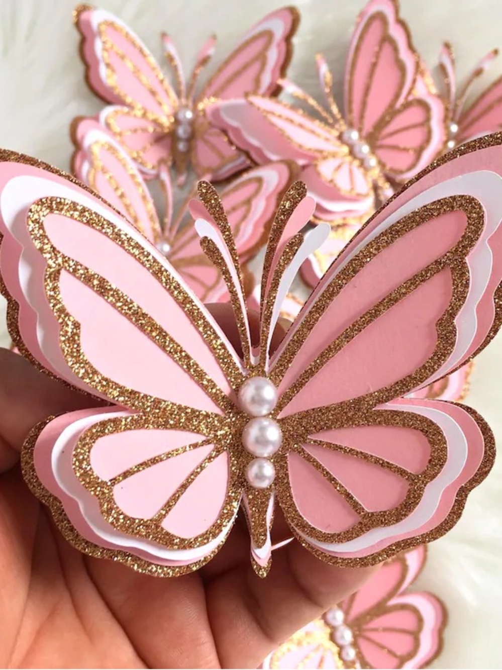 Pink Glitter Butterfly Embellishments with Pearl Accents